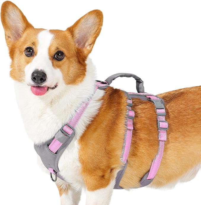 Huntboo Reflective Dog Harness with Handle, Escape Proof, No Slip, Breathable, Lightweight, Adjustable Lift Harness for Small, Medium, and Large Dogs Walking, Training, and Running Gear(Light Pink,M)