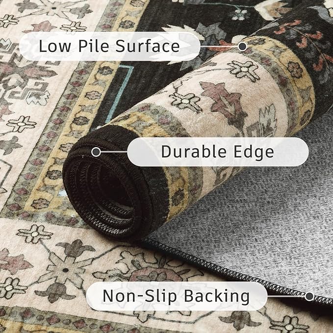 DCX Machine Washable Black Area Rug 6x9, Non Slip Stain Resistant Vintage Floral Rug for Living Room Bedroom Dining Room, Soft Low Pile Large Carpet