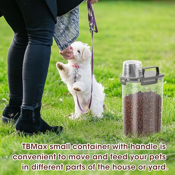TBMax Small Dog Food Storage Container 3 Qt with Cat Food Can Cover and Mixing Spoon, Portable Travel Pet Food Dispenser with Large Spout and Cup