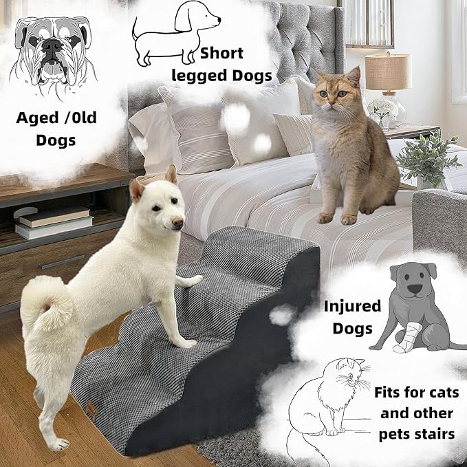 4-Step Dog Stairs for High Beds 18-24 Inch Pet Steps 2 3 4 5 Tier Ladder Non-Slip Sturdy Ramp Small Medium Large Dog Steps to Couch Bed Old Dogs Balanced Pet Stairs for Getting on Bed