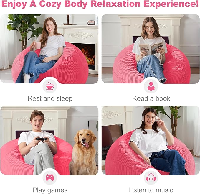 Homguava 4FT Bean Bag Chair for Adults,Teardrop Bean Bags Big Beanbag Chair with Memory Foam Filled and Ultra Soft Removable Corduroy Cover for Living Room, Bedroom (Pink)
