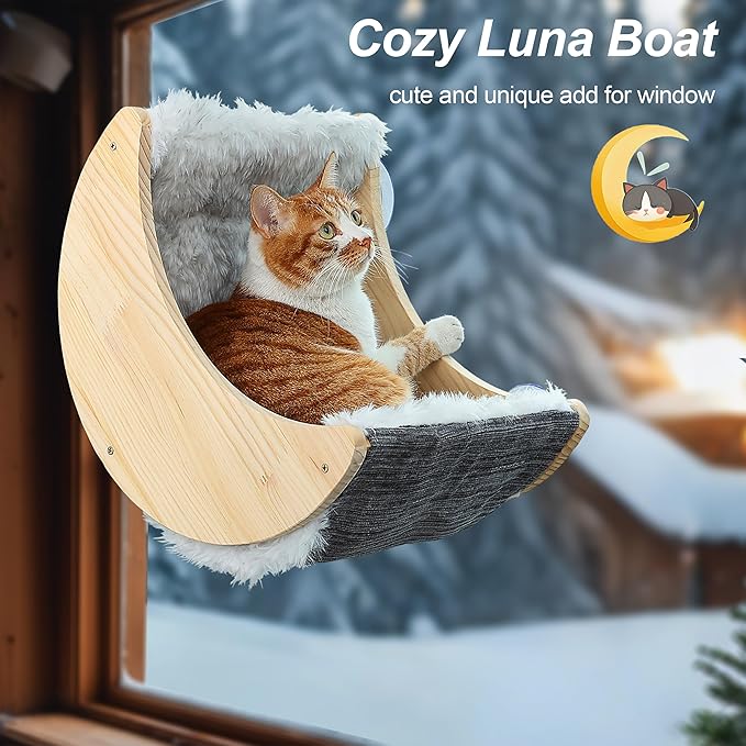 Window Cat Beds with Ultra Plush Hammock, Moon Shelves Mounted with Strong Suction Cups, Cat Window Seat for Overlooking and Sunbathing(Faux Wool Fur)
