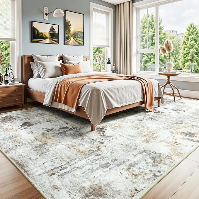 Area Rugs 9x12 Living Room, Large Soft Washable Abstract Neutral Bedroom Rug, Non-Slip Stain Resistant Floor Carpet for Dining Room Nursery, Brown/Grey