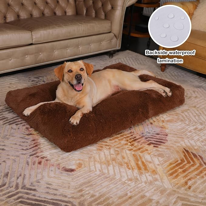 Bedfolks Plush Dog Crate Pad, Washable Dog Kennel Bed 41"x27", Faux Fur, Waterproof, Extra Large, Dark Blue