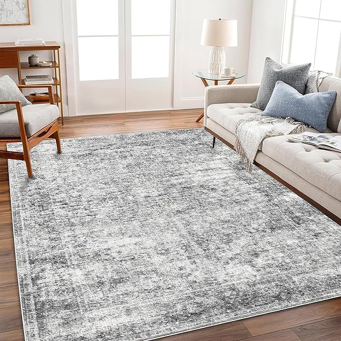 5x7 Washable Area Rug Gray Vintage Traditional Floor Cover Foldable Thin Kitchen Accent Indoor Distressed Non Slip Carpet Floral Print Mat Bedroom Living Room Bathroom