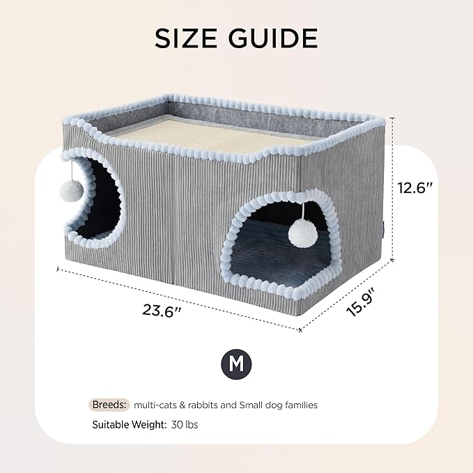 Bedsure Large Cat Beds for Indoor Cats - Extra Wide Cat House with Scratch Removable Top Sisal Pad for Multi Cats, Foldable Cave Hideaway for Entertainment, 23.6x15.9x12.6inches, Grey