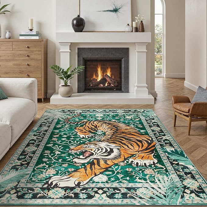DCX Washable 4x6 Tiger Rug, Green Vintage Animal Rug for Living Room, Soft Low Pile Carpet, Kid & Pet Friendly with Rubber Back Non Slip, Stain Resistant Rug for Bedroom Dining Room Office