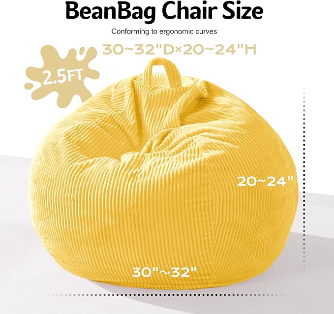 Homguava 2.5FT Bean Bag Chair,Teardrop Bean Bags Small Beanbag Chair with Memory Foam Filled and Ultra Soft Corduroy Cover for Living Room, Bedroom (Yellow)