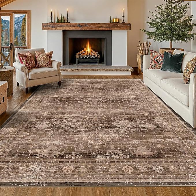 Boho Taupe Brown 5x7 Living Room Rug - Modern Vintage Traditional Oriental Neutral, Washable Low Pile Non-Slip Large Area Rugs for Nursery Dining Under Table