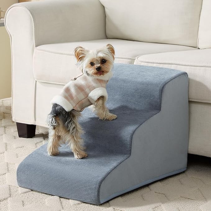 Dog Stairs for Small Dogs, 3-Steps Dog Ramp for Bed and Couch, Pet Stairs with Highly Supportive Foam and Non-Slip Bottom, Dogs Steps for Cat & Doggie (High 15.7 Inch)