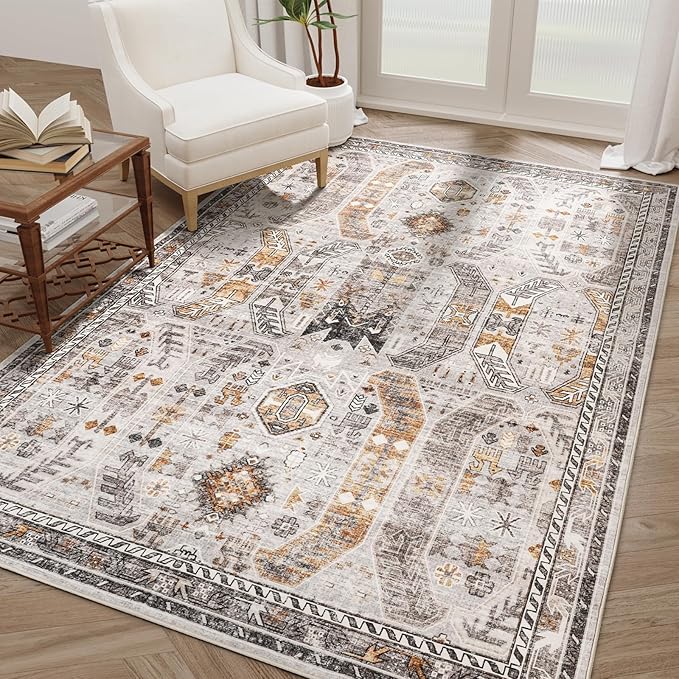 5x7 Area Rugs for Living Room,Stain Resistant Washable Rug,Non-Slip Backing Rugs for Bedroom,Kitchen,Printed Vintage Home Decor Rug (Brown/Gold, 5'x7')