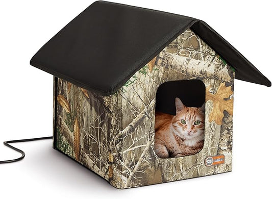 K&H Pet Products Heated Outdoor Cat House for Outside Pets in Winter, Weatherproof Outdoor House for Ferals, Insulated Kitty Shelter, 2 Doors, Waterproof Heated Cat Bed, Safety Listed - Camo 20W