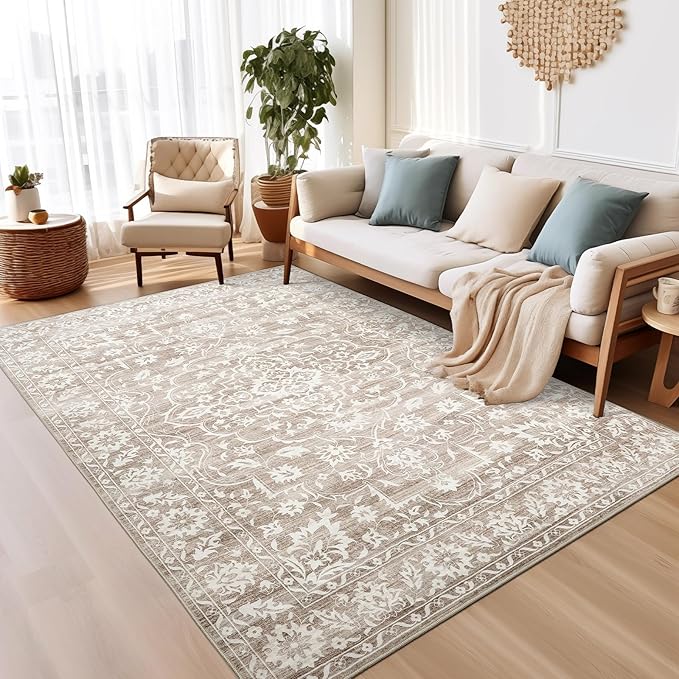 6x9 Area Rugs for Living Room, Stain Resistant Neutral Washable Rugs for Bedroom, Floral Vintage Non-Slip Soft Throw Carpet for Dining Room Farmhouse (Light Brown, 6'x9')