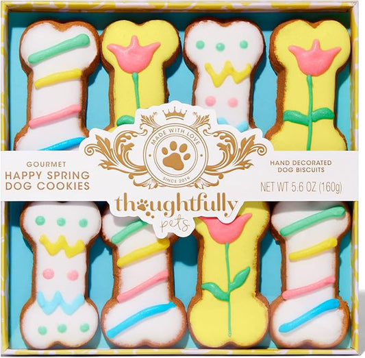 Thoughtfully Pets, Gourmet Dog Cookie Gift Set, Peanut Butter Flavored Crunchy Dog Treats in Bone Shape with Easter Spring Designs, Set of 8