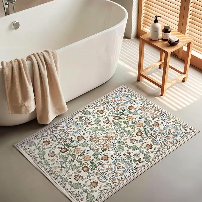 Floral Entryway Washable Rug: 2x3 Soft Low Pile Thin Indoor Front Door Mat, Non Slip Stain Resistant Vintage Flower Boho Accent Small Rugs for Bedroom, Kitchen, Bathroom, Nursery Entrance - Beige