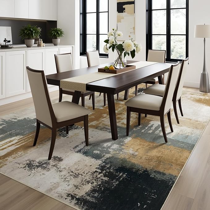 Joydeco 5x7 Area Rugs for Living Room, Non-Slip Modern Abstract Soft Washable Rug, Low Pile Carpet for Bedroom, Dining Room, Home Office, Pet & Child Friendly, White &Beige & Dark Gray