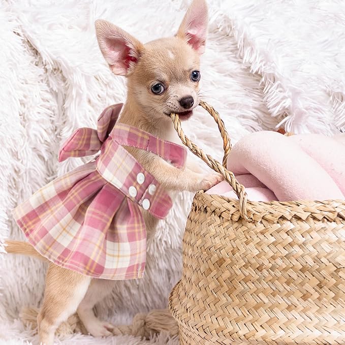 4 Pcs Cute Plaid Dog Dress Set with Bow Tie Harness & Leash for Small Dogs, Puppy Clothes for Girls Outfits(M,Dark Color)