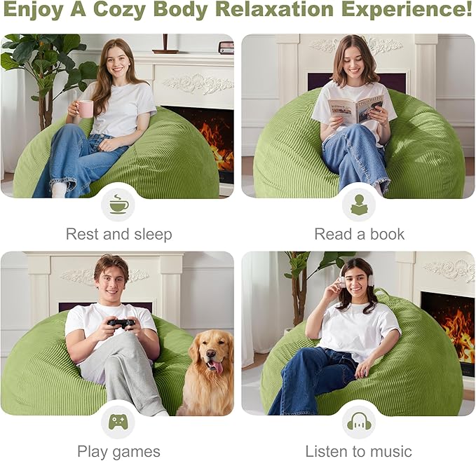 Homguava 4FT Bean Bag Chair for Adults,Teardrop Bean Bags Big Beanbag Chair with Memory Foam Filled and Ultra Soft Removable Corduroy Cover for Living Room, Bedroom (Green)