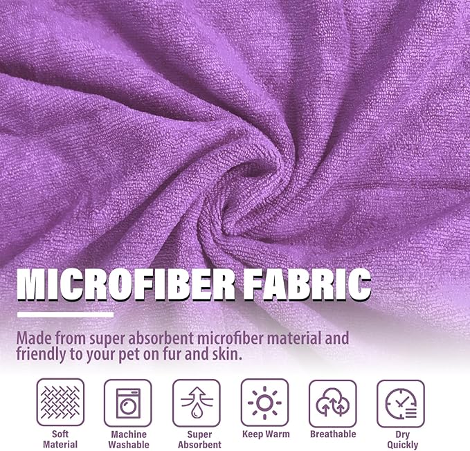 Dog Robe - Fast Drying Towel - Microfiber Super Absorbent Pet Bathrobe, Adjustable Collar & Belly Strap (Purple, Small)