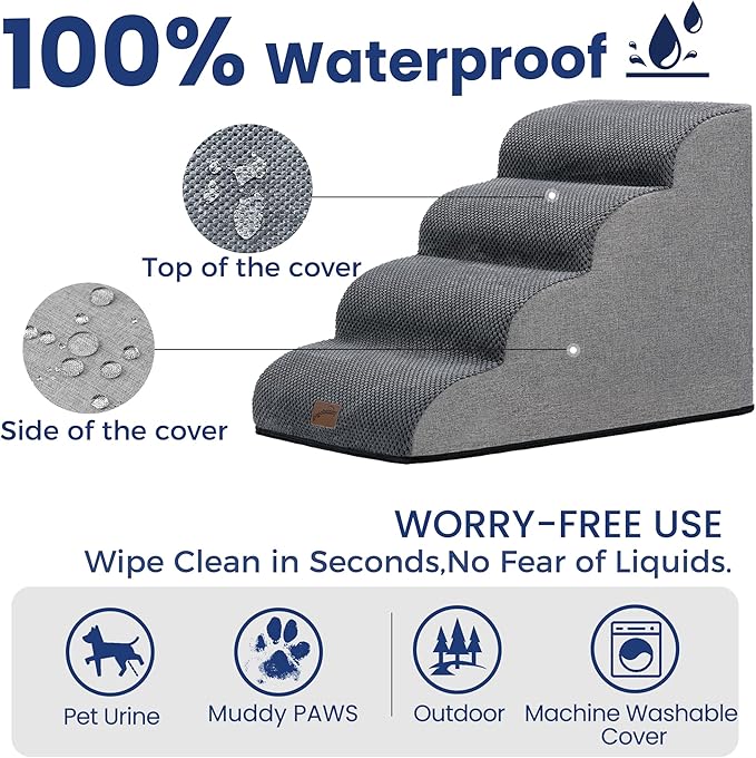 GoGoBunny Waterproof High Density Foam Curved Dog Stairs for High Beds Couches 19.7" H, 4-Step Ramp Dog Steps Friendly to Small Medium Dogs or Pets Joints, Non-Slip Balanced Durable Pet Step, Grey