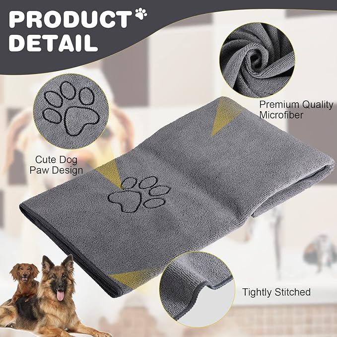Chumia 4 Pack Dog Towels for Drying Large Microfiber Grooming Tools Absorbent Soft Bath Supplies with Embroidered Paw for Small Medium Pet Products(16 x 32 Inch,Gray)