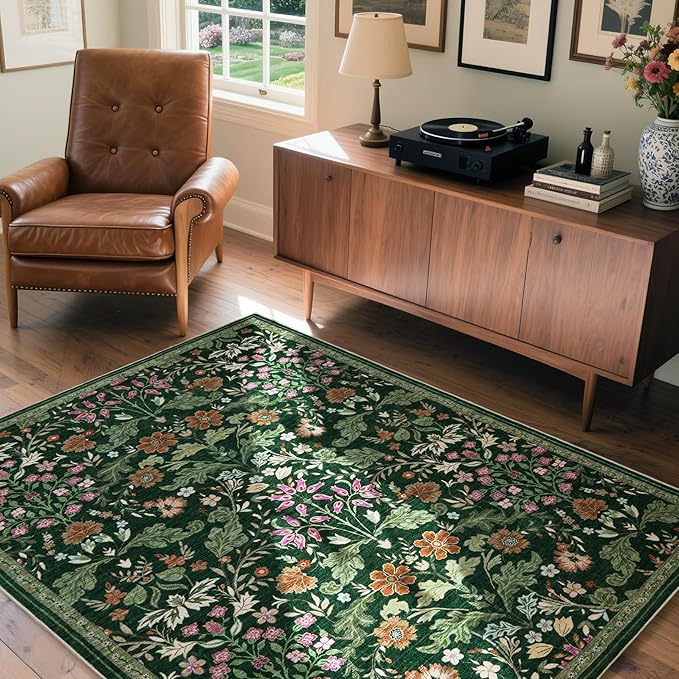 Floral Area Rug for Living Room: 4x6 Washable Soft Low Pile Thin Indoor Carpet, Non Slip Stain Resistant Vintage Flower Boho Accent Rugs for Bedroom, Dining, Home Office, Nursery - Green