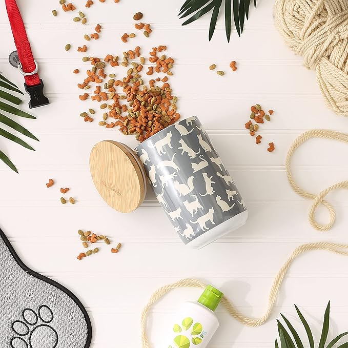 Bone Dry Ceramic Treat Jar for Cats and Dogs, Bamboo Lid, Dishwasher Safe Canister, 4x6.5, Gray, Cat Treats (Pack of 6)