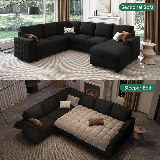 HONBAY Sectional Sleeper Sofa with Pull-Out Bed Storage Chaise,Modular Couch for Living Room, Black