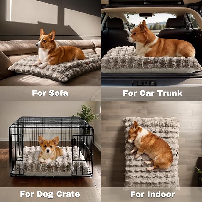 WDCOZY Fluffy Dog Crate Beds for Large Dog, Plush Faux Fur Kennel Pad with Removal Washable Cover, Soft Pet Mat for Sleeping & Ease Anxiety, Anti-Slip Bottom for Pet Up to 90 lbs, 41"x27", Beige