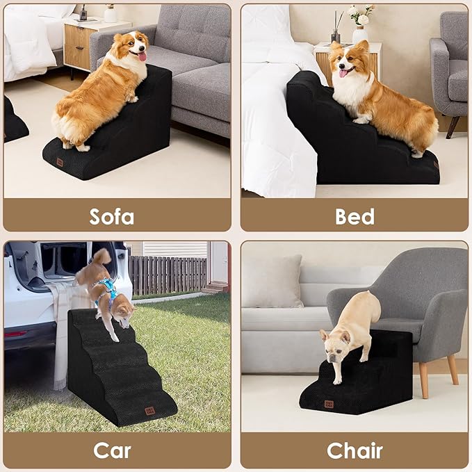 EHEYCIGA Curved Dog Stairs Ramp for High Beds 19.7" H, 4-Step Dog Steps for Small Dogs and Cats, Pet Stairs for High Bed Climbing, Non-Slip Balanced Pet Step Indoor, Black