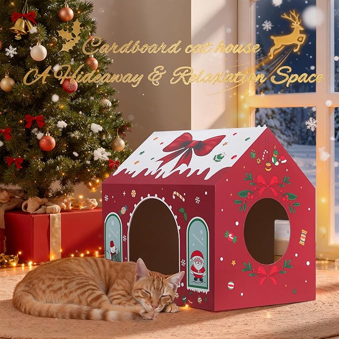 WESTERN HOME Christmas Cardboard Cat House, Indoor Cat Scratcher House (16.5''x12''x15''), Christmas Cats Cardboard Playhouse Hideaway for Small Animals