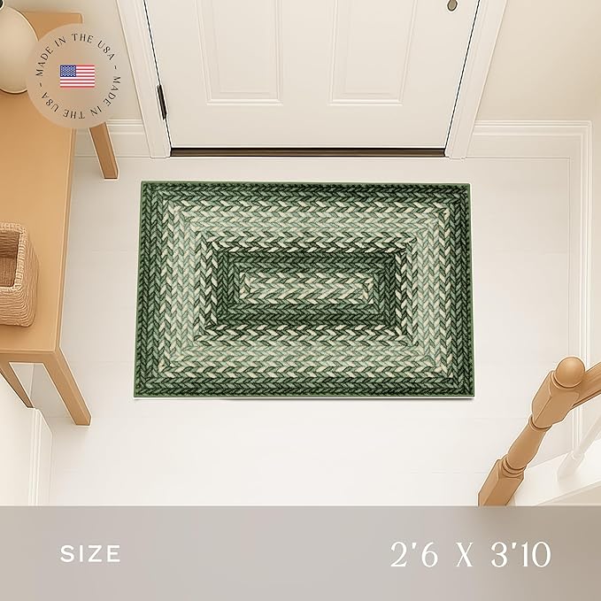 Maples Rugs Marion Bohemian Braided-Style Print Area Rug ??Made in USA ??Washable, Non-Slip Low-Profile Small Indoor Rug for Entryway & Kitchen, 46" x 30", Green