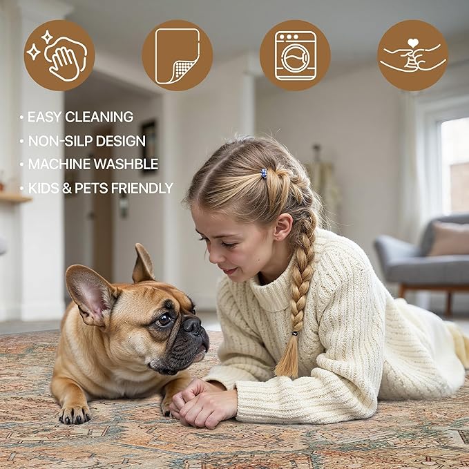 GENIMO 5x7 Area Rugs for Living Room, Machine Washable Vintage Non Slip Rugs, Low Pile Lightweight Chenille Print Rug for Bedroom, Dining Room, Home Office, Vintage Clay