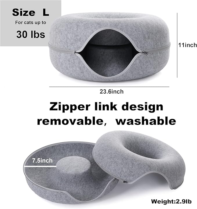 Large Cat Tunnel Bed for Indoor Cats with 3 Toys, Scratch Resistant Donut Cat Bed, Up to 30 Lbs (L 24x24x11, Light Grey)