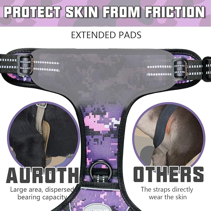 Auroth Tactical Dog Harness for Small Medium Large Dogs No Pull Adjustable Pet Harness Reflective K9 Working Training Easy Control Pet Vest Military Service Dog Harnesses (L, Purple Camo)