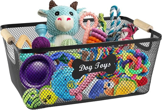 Sturdy Dog Toys Basket,14''x9''x6'' Metal Dog Toy Bin,Mesh Wire Basket with Wooden Handles for Dog Toys,Dog Toy Organization & Storage,Ideal for Dog Leash,Blanket,Toys,Snacks-Black
