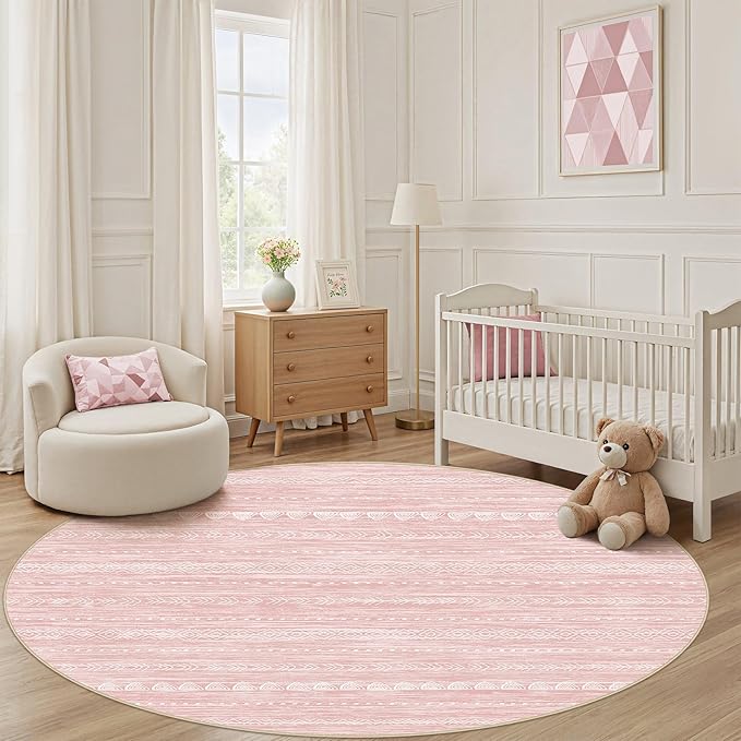 Nakagishi Round Rug Kitchen Washable Rugs: 8x8 Non-Slip Boho Soft Modern Stain Resistant Indoor Floor Neutral Farmhouse Throw Carpet for Hallway Bathroom Laundry Room Entryway Bedroom- Pink