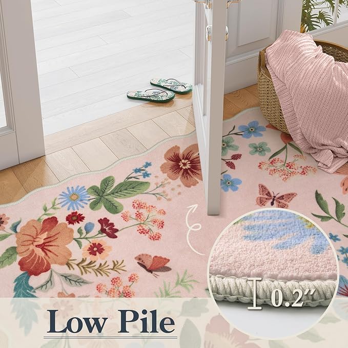 Lahome Floral Kitchen Runner, 2X6 Washable Runner Rug Non-Slip, Ultra-Thin Soft Hallway Rug Stain Resistant Boho Carpet for ‎Bedroom Laundry Bathroom, Light Pink