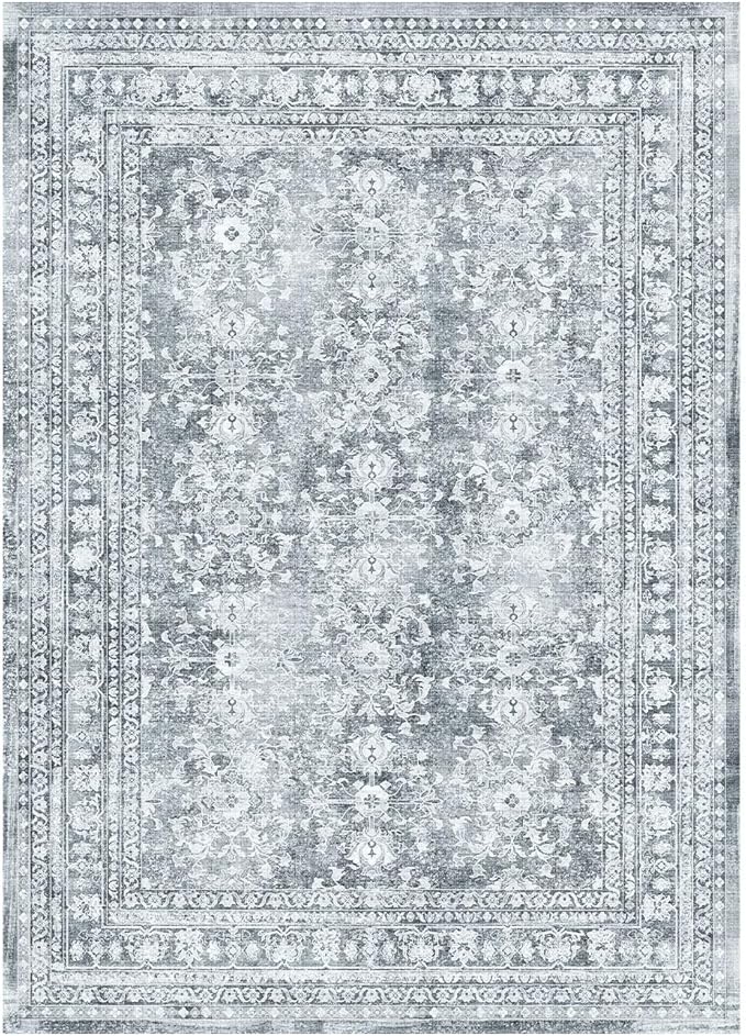 Lessymo 5x7 Area Rugs for Living Room, Machine Washable Non Slip Rug, Soft Low Pile Carpet for Bedroom Dining Home Office, Vintage Grey/White Distressed Floral Floor Mat