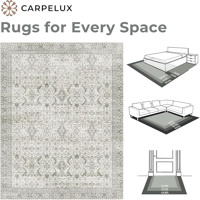 Washable Area Rugs 9x12 Floral Beige, Large Indoor Rug for Living Room Bedroom, Vintage Farmhouse Carpet for Dining Room, Cream White