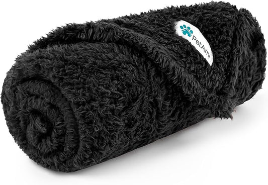 PetAmi Fluffy Soft Dog & Cat Blanket - Black Sherpa Fleece, Calming Pet Blanket for Couch, Small 24x32
