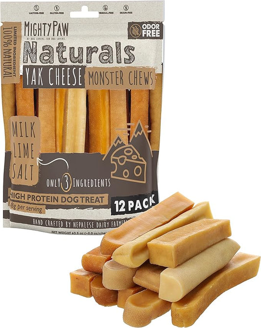 Mighty Paw Yak Cheese Chews for Dogs | All-Natural Long Lasting Pet Treats. Odorless and Great for Oral Health. Limited-Ingredient Chews for Puppies & Power-Chewers (Monster, 12 Pack)