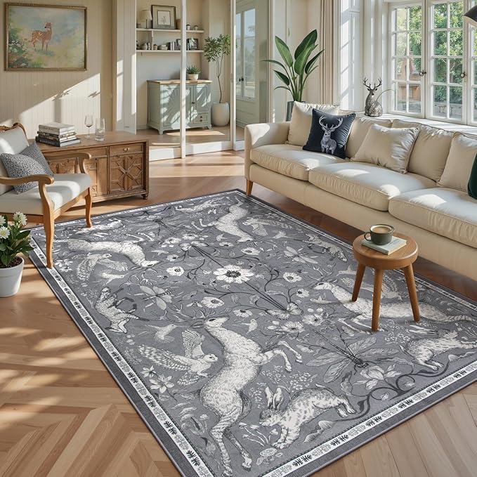 Lahome Boho Animal Rug, 5x7 Washable Living Room Area Rugs, Grey Soft Rugs for Bedroom, Botanical Large Boho Non Slip Dining Room Carpet for Under Table Entryway Kitchen Office (5x7ft, Grey)