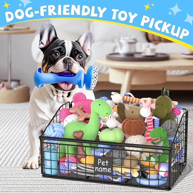 Indestructible Dog Toy basket, Medium Toy Box for Dogs,Pet Toy Bin Dog Metal Basket for Toys, Toy Storage Organizer, Toy Box for Living Room Area (Black)