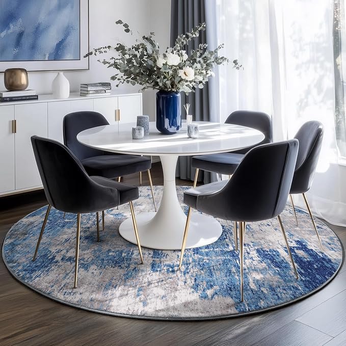 Washable Area Rugs 6ft Non-Slip Modern Abstract Soft for Living Room Entryway Bedroom Nursery, Print Pattern, Blue Grey Navy Gray