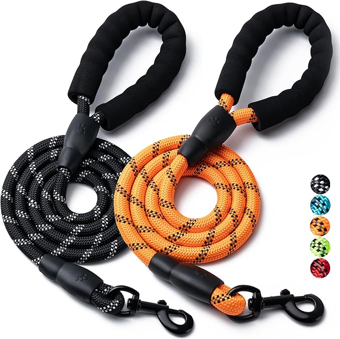 2 Pack Dog Leash, 4/5//6 FT Heavy Duty Nylon Rope Pet Leashes with Comfortable Padded Handle, Reflective Dog Leashes for Small Medium and Large Dogs (4FT-3/8,Black/Orange)