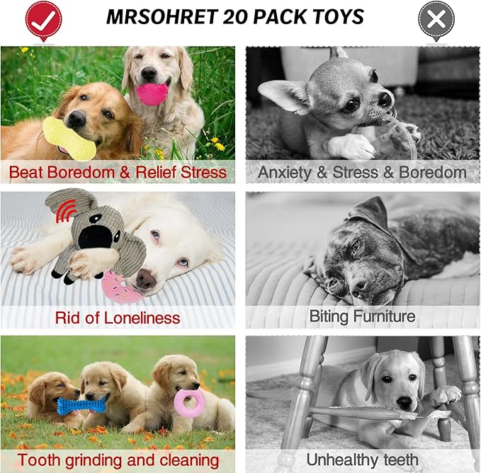 20Pcs Puppy Chew Toys for Teething, Dog Chew Toys with Rope Toys, Pet Dog Toothbrush, Treat Balls, Plush Toys and Squeaky Toy for Small Medium Dogs with Basket