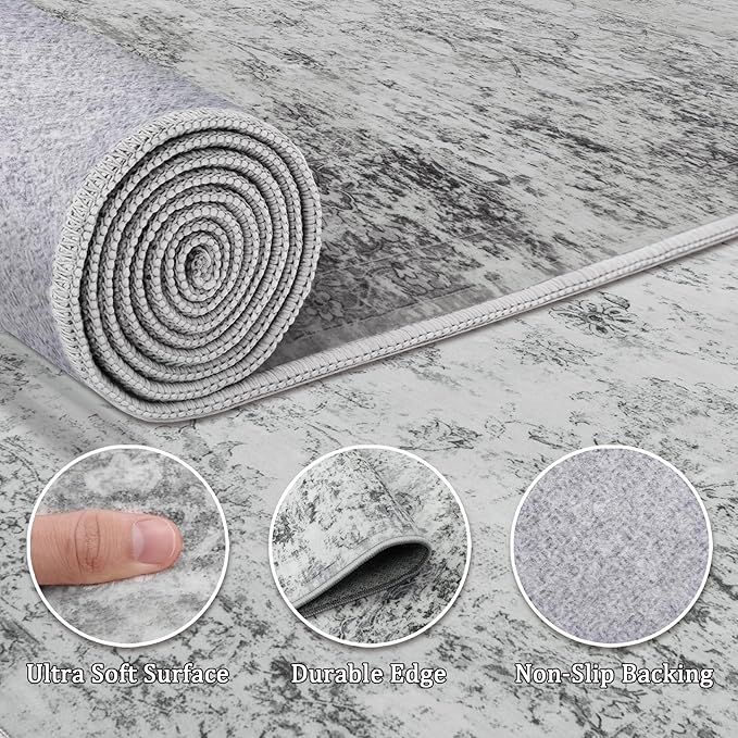 8x10 Area Rug Living Room Rugs - Washable Rug Large Modern Abstract Soft Thin Carpets Indoor Floor No Slip Vintage Carpet for Bedroom Under Dining Table Nursery Home Office Decor Gray