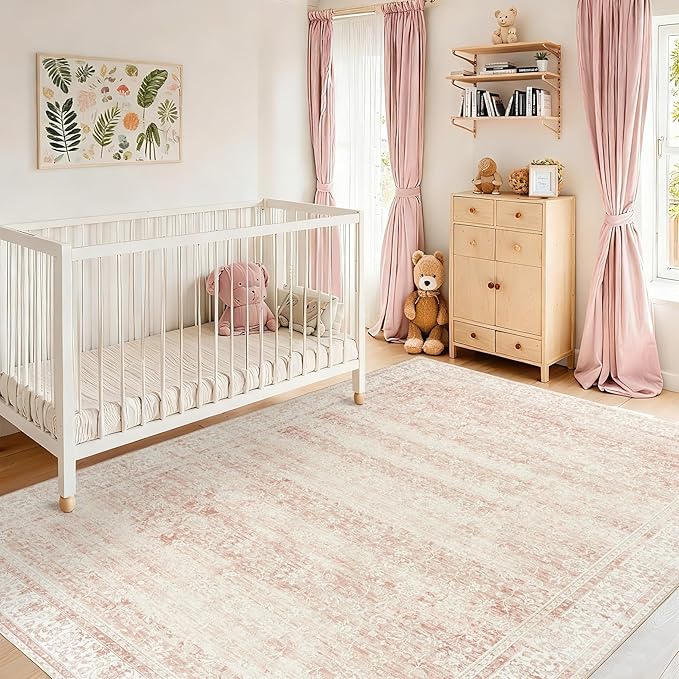 Light Pink Bedroom Rugs 6x9 Vintage Distressed Aesthetic Cute Boho Floral Feminine Low Pile Soft Carpet Machine Washable Stain Resistant Area Rugs for Kids Room Nursery Playroom Office 6 x 9