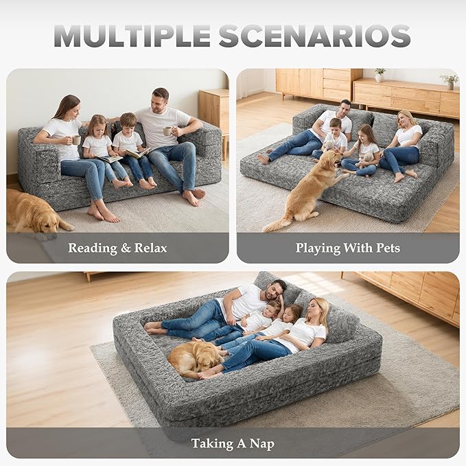 HABUTWAY Convertible Sofa Bed,3-in-1 Folding Futon Sofa Bed with Pillow, Foldable Sleeper Sofa Bed with Removable Cover,Plush Boneless Floor Chair Couch Lounge for Living Room,(Queen,Light Grey)